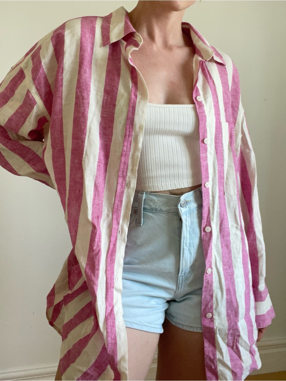 H&M Pink and Cream linen blend shirt